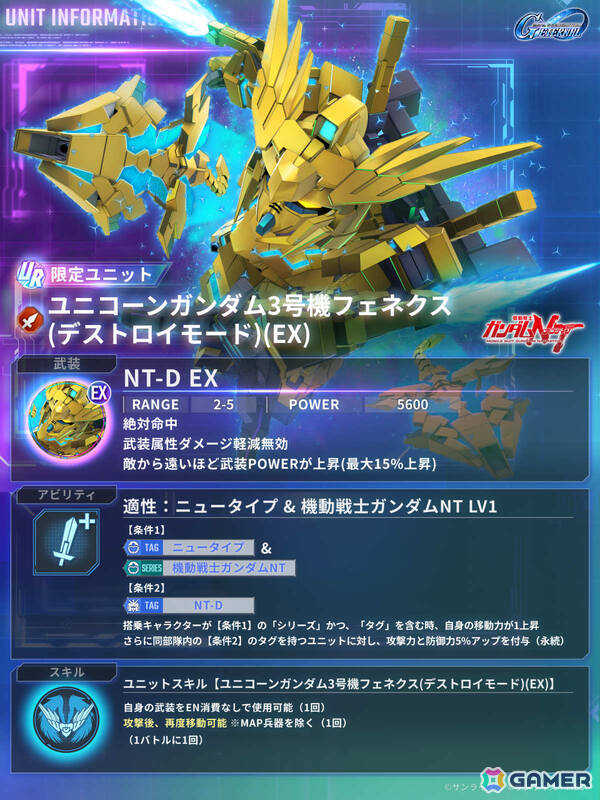 「SDガンダム ジージェネレーション エターナル」メインステージ「機動戦士ガンダムNT［ナラティブ］」が追加！の画像
