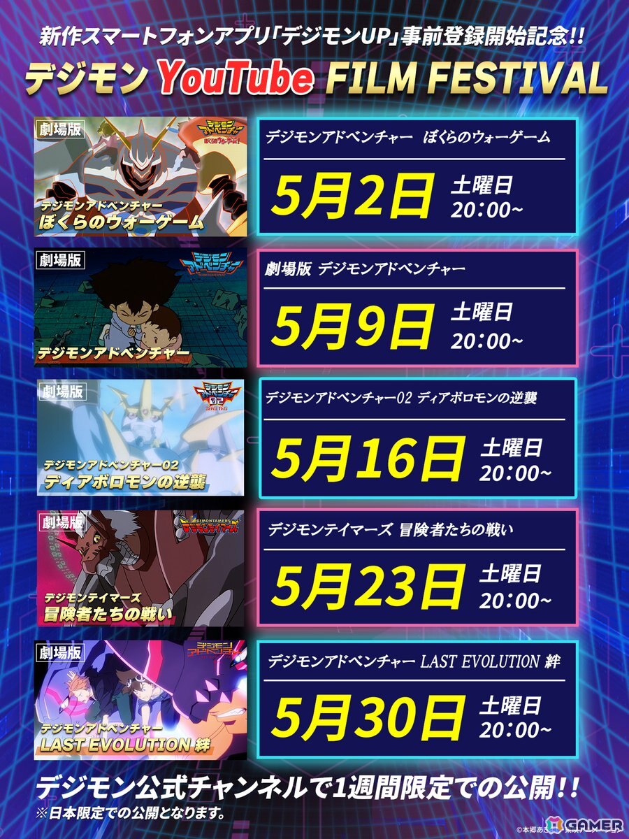 「デジモンUP」事前登録開始記念でデジモン映画を一挙無料公開する「デジモンYouTube FILM FESTIVAL」が配信！の画像