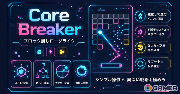 ブロック崩し×ローグライト「CoreBreaker」が配信！強化とリブート（≒転生）を駆使して最深部のセントラルコアを破壊せよの画像1