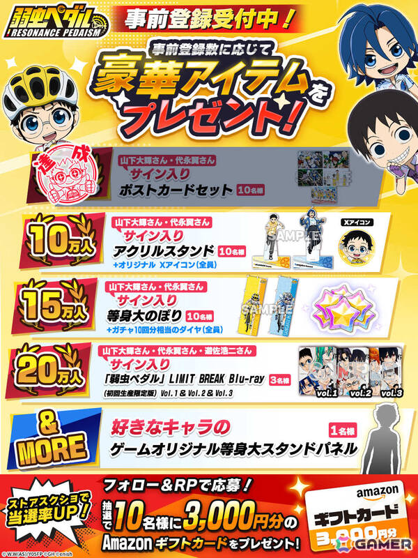 「弱虫ペダル レゾナンス・ペダイズム」事前登録報酬が公開！登録者数に応じて抽選でキャストのサイン入りアイテムなどが当たるの画像2
