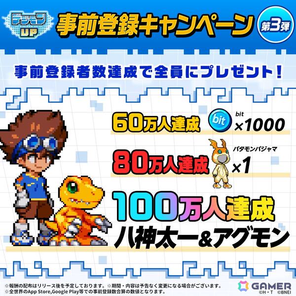 「デジモンUP」の事前登録者数が50万人を突破！100万人達成でゲーム開始時に「八神太一＆アグモン」などの報酬がもらえるキャンペーンもの画像3