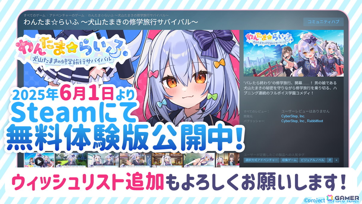 VTuber・犬山たまきさん主演主役ノベルゲーム「わんたま☆らいふ ~犬山たまきの修学旅行サバイバル~」無料体験版がSteamで公開!の画像