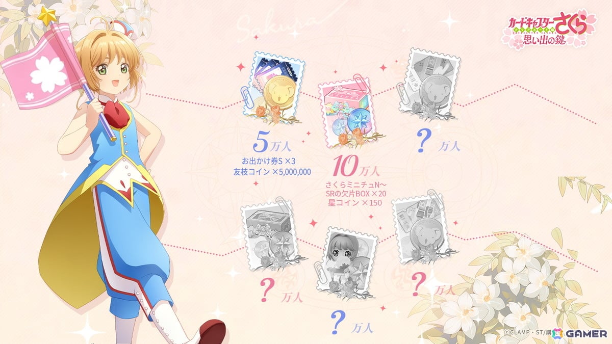 「カードキャプターさくら:思い出の鍵」事前登録キャンペーンの達成報酬が公開！5万・10万人突破で序盤に役立つアイテムが貰えるの画像