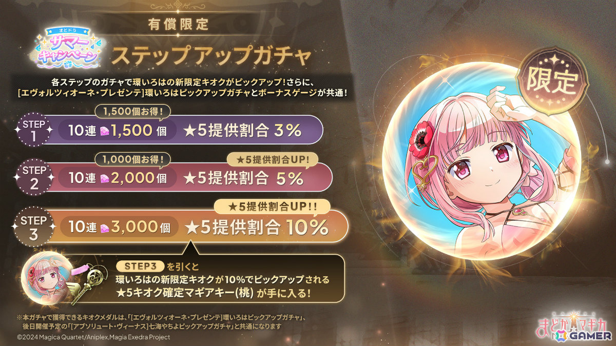 「魔法少女まどか☆マギカ Magia Exedra」環いろは（水着）が限定★5キオクとして登場！ログインでマギカストーンが最大6,000個もらえるの画像