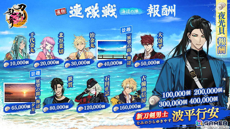 「刀剣乱舞ONLINE」波平行安（CV：木村太飛）がイベント「連隊戦 ～海辺の陣～」の報酬として登場！治金丸の極の姿も実装の画像