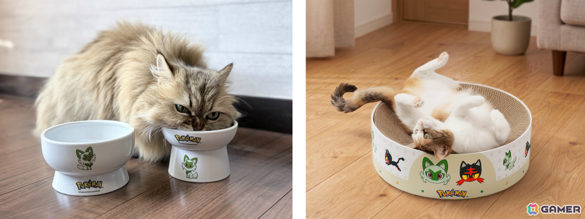 ポケモンデザインの猫用品が7月6日より順次発売!ニャース、ニャビー、ニャオハがデザインされた脚付食器や爪とぎ、おもちゃがラインナップの画像