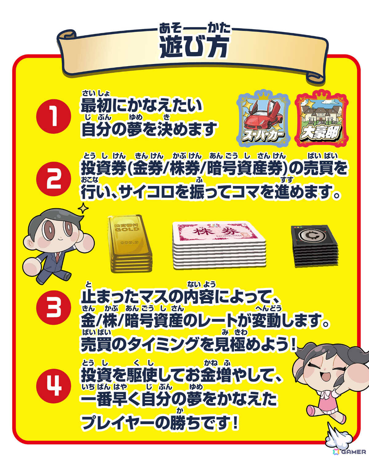金、株、暗号資産への投資を組み合わせながら資産を増やし夢を叶えるボードゲーム「投資番付」が9月中旬に発売!の画像