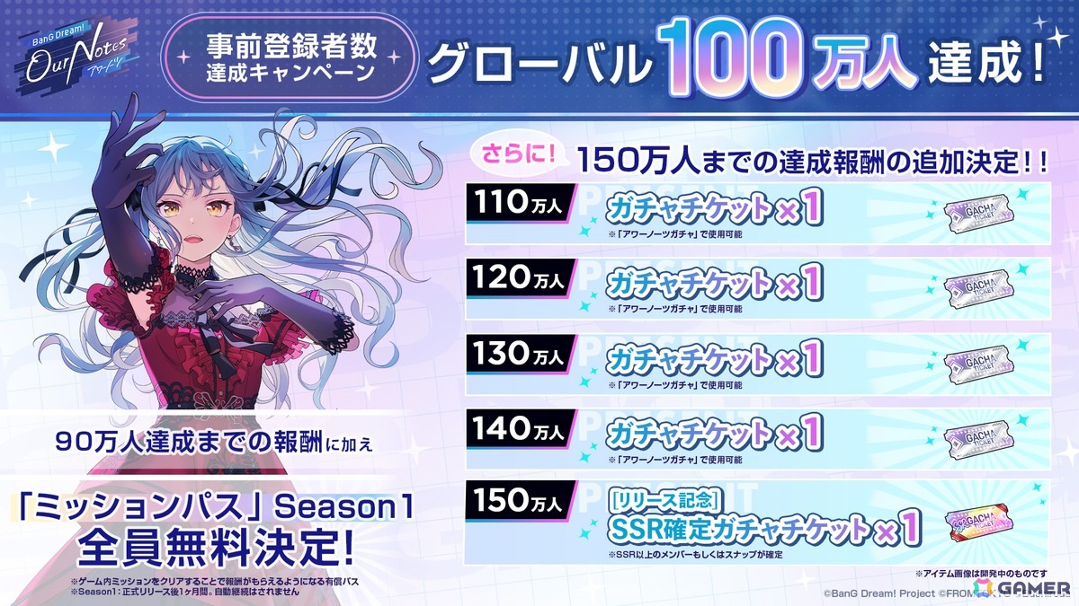 「BanG Dream! Our Notes」事前登録者数がグローバルで100万人を突破!Season1の有償パスを全員にプレゼントの画像