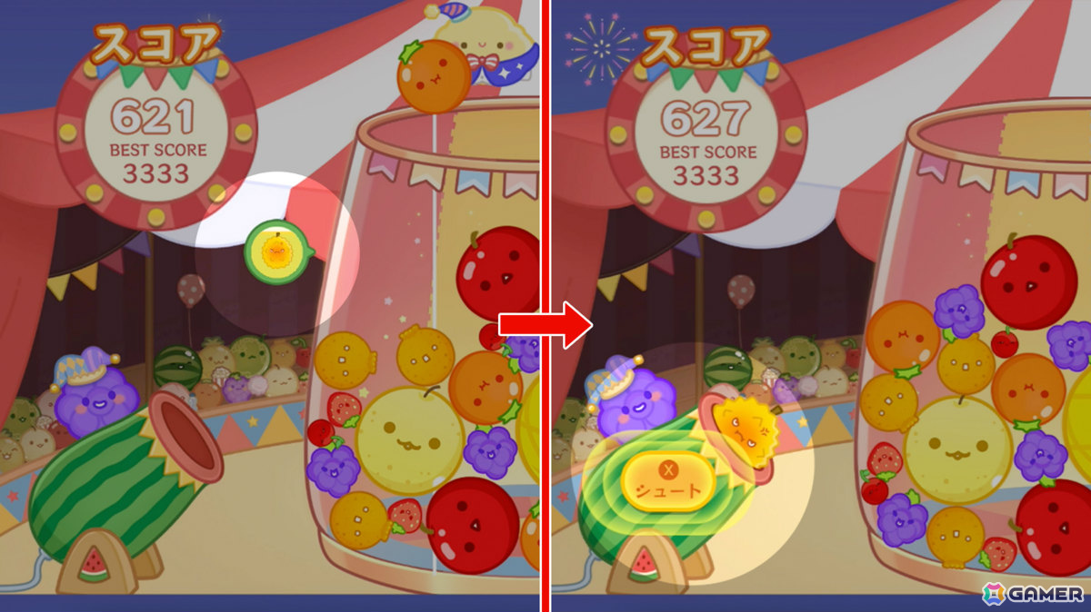 「スイカゲーム」Switch版の追加コンテンツ「ミラクルサーカス」が配信!くぐればフルーツが大きくシンカするファイヤーリングなど4つの新要素が登場の画像