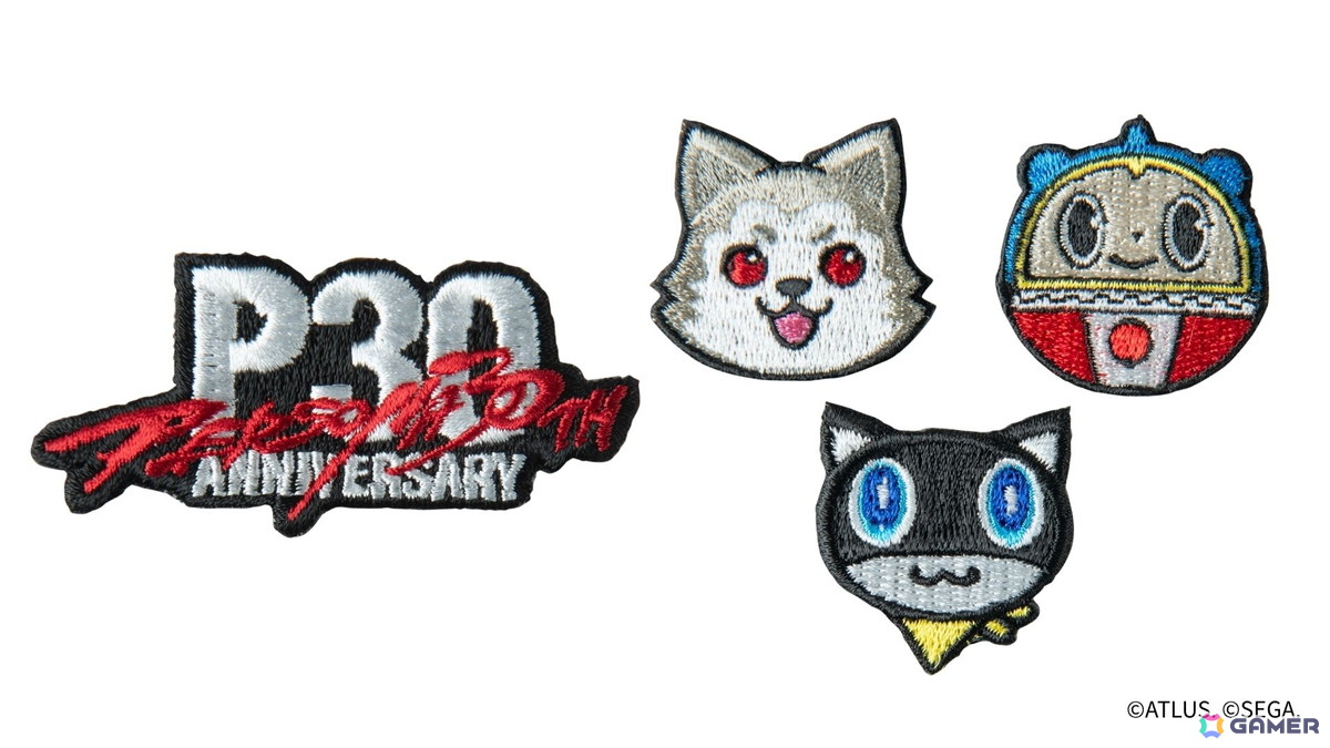 ペルソナ30th 刺繍ステッカー ロゴ 税込1,300円（TGS会場限定価格）、マスコットキャラアイコンセット　税込1,900円（TGS会場限定価格）