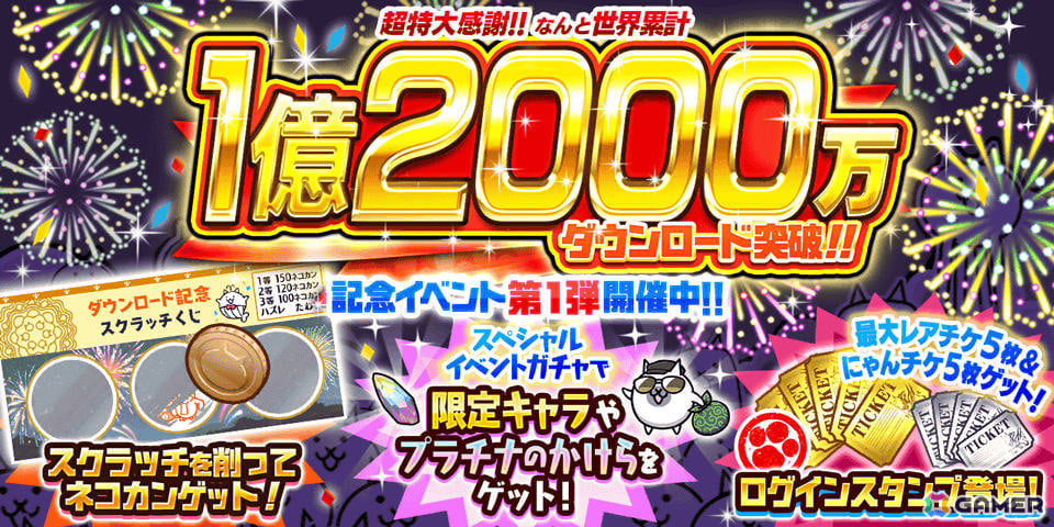 「にゃんこ大戦争」1億2,000万DL突破を記念したイベント第1弾が開催!限定キャラやプラチナのかけらをゲットできるスペシャルイベントガチャなどが登場の画像