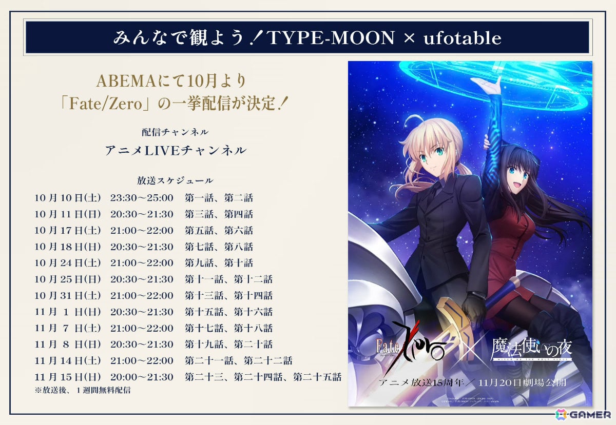 劇場アニメ「魔法使いの夜」×「Fate/Zero」のコラボビジュアルが解禁!「Fate/Zero」はフジテレビでのセレクション放送が決定の画像