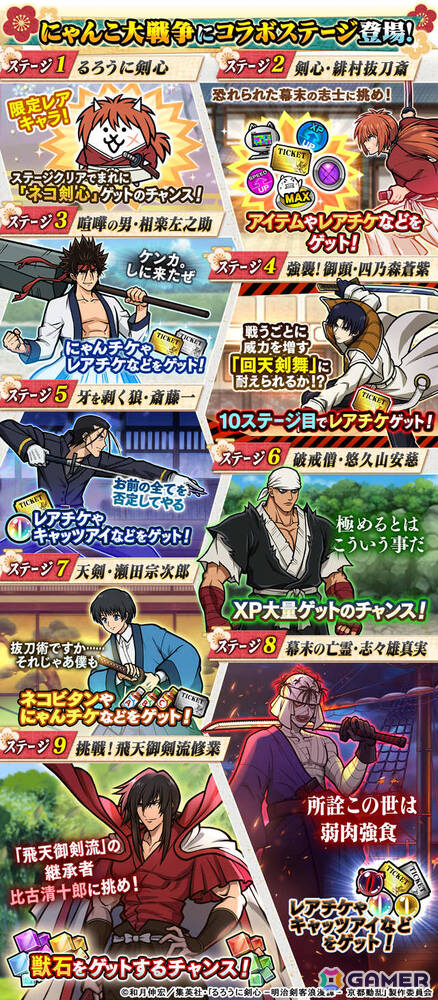 「にゃんこ大戦争」×TVアニメ「るろうに剣心 －明治剣客浪漫譚－」のコラボが開催！比古清十郎、志々雄真実、瀬田宗次郎、悠久山安慈が新たに参戦の画像3