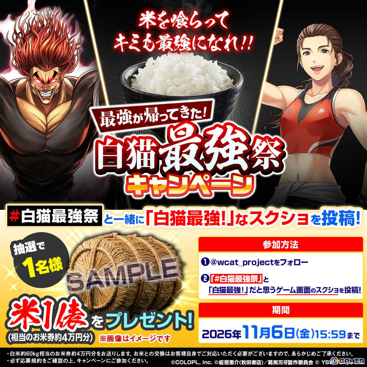 「白猫プロジェクト NEW WORLD'S」で「範馬勇次郎プロジェクト」「吉田沙保里プロジェクト」が順次再開催!の画像