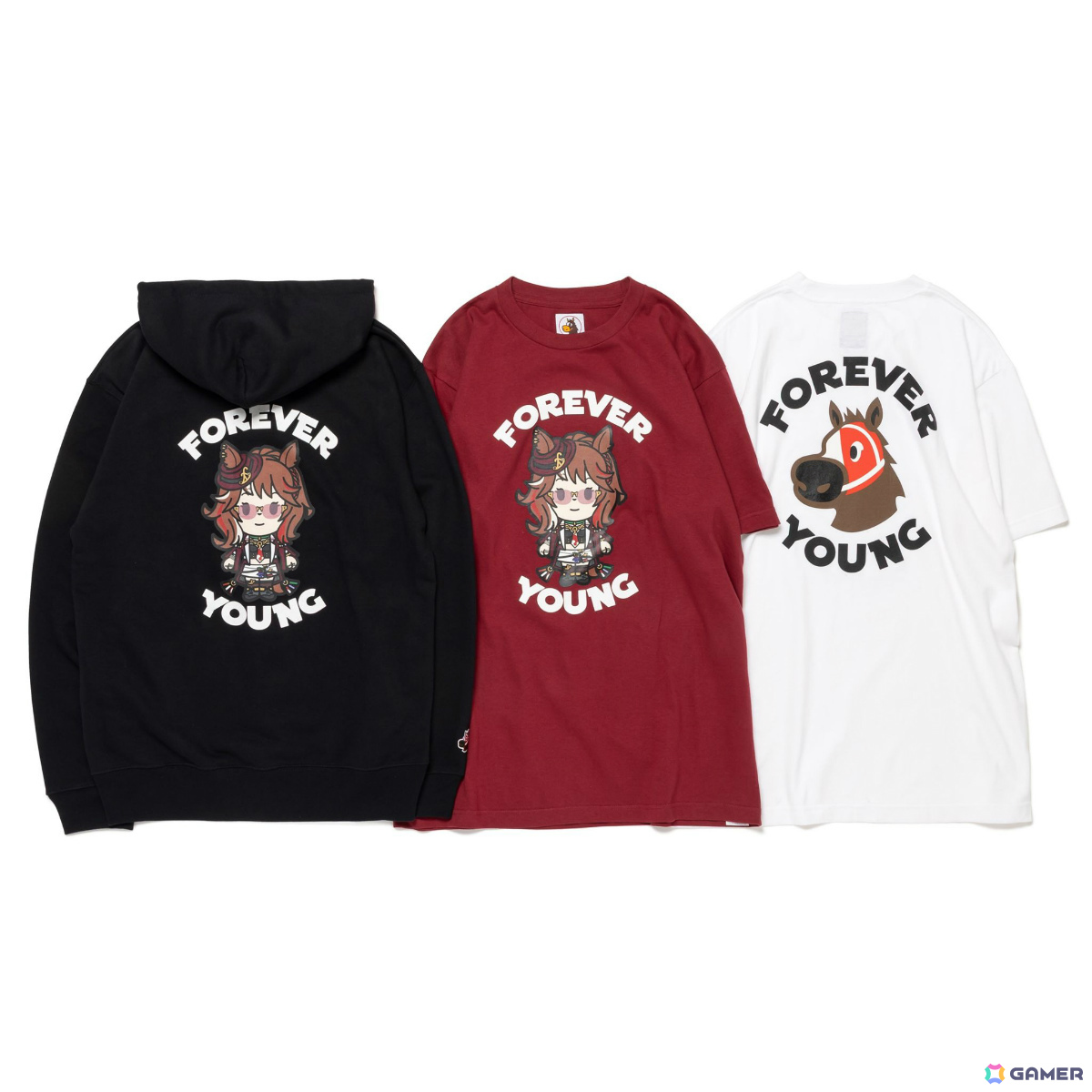 「ウマ娘」×「FORSE CLUB」フォーエバーヤングのグラフィックが落とし込まれたTシャツとジップアップフーディーが10月25日に発売!の画像