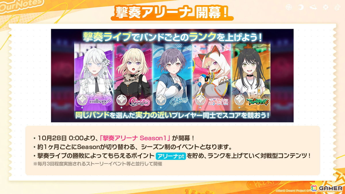 「バンドリ!アワーノーツ」に対戦型コンテンツ「撃奏アリーナ」が10月28日に実装!ハロウィンイベントや追加カバー楽曲もの画像
