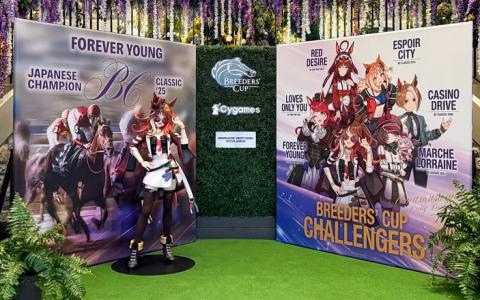 「ウマ娘」フォーエバーヤングの等身大フィギュアが米・キーンランド競馬場に登場!Cygames冠レースは10月31日に開催